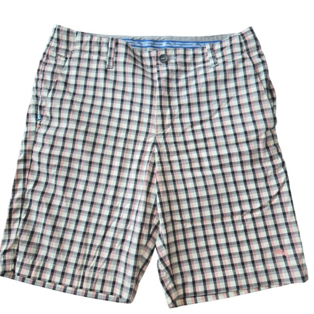 Tommy Bahama Mens Boracay Plaid Shorts Size 30 Black Pink White Stretch Nylon